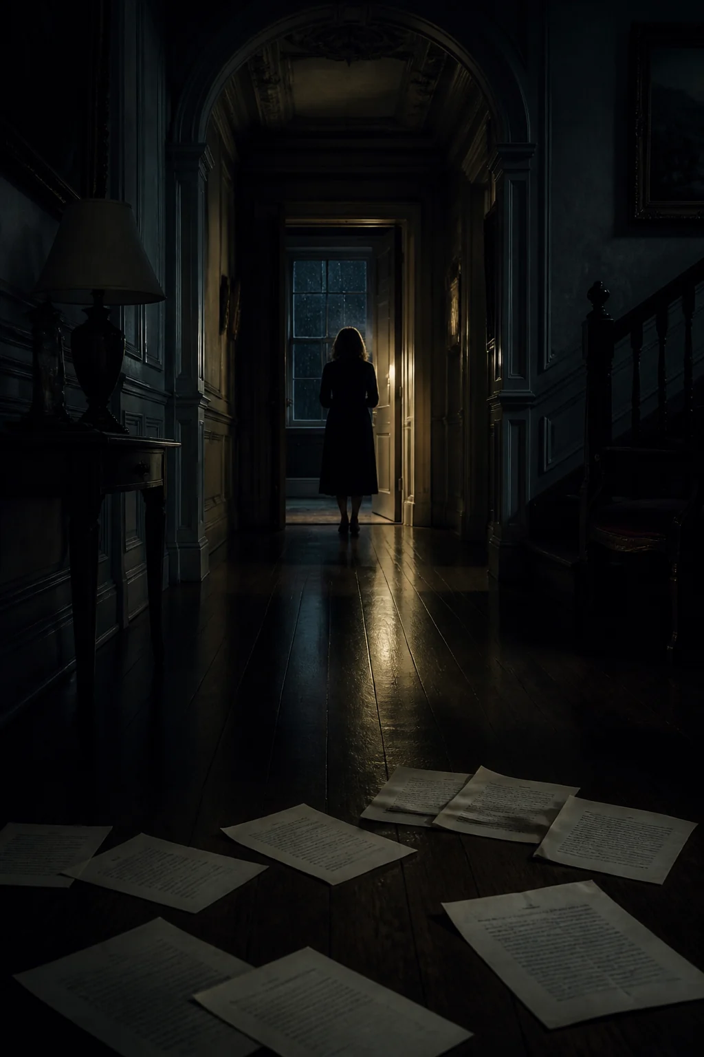 Original cinematic concept scene for the Verity guide: a woman silhouetted in a dark mansion hallway with manuscript pages in the foreground
