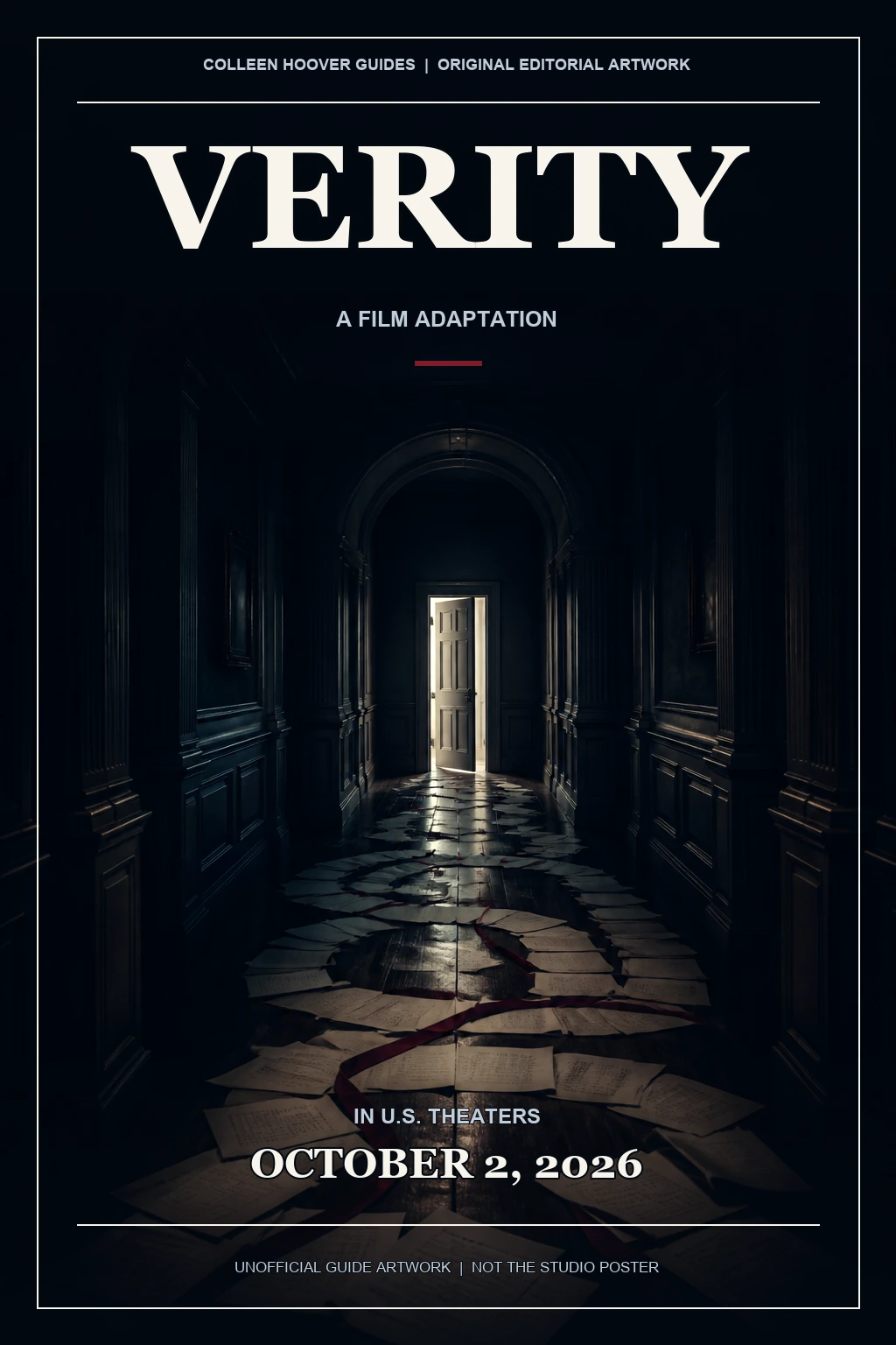 Original editorial poster for the Verity movie guide: a dark mansion corridor, scattered manuscript pages and a half-open illuminated door
